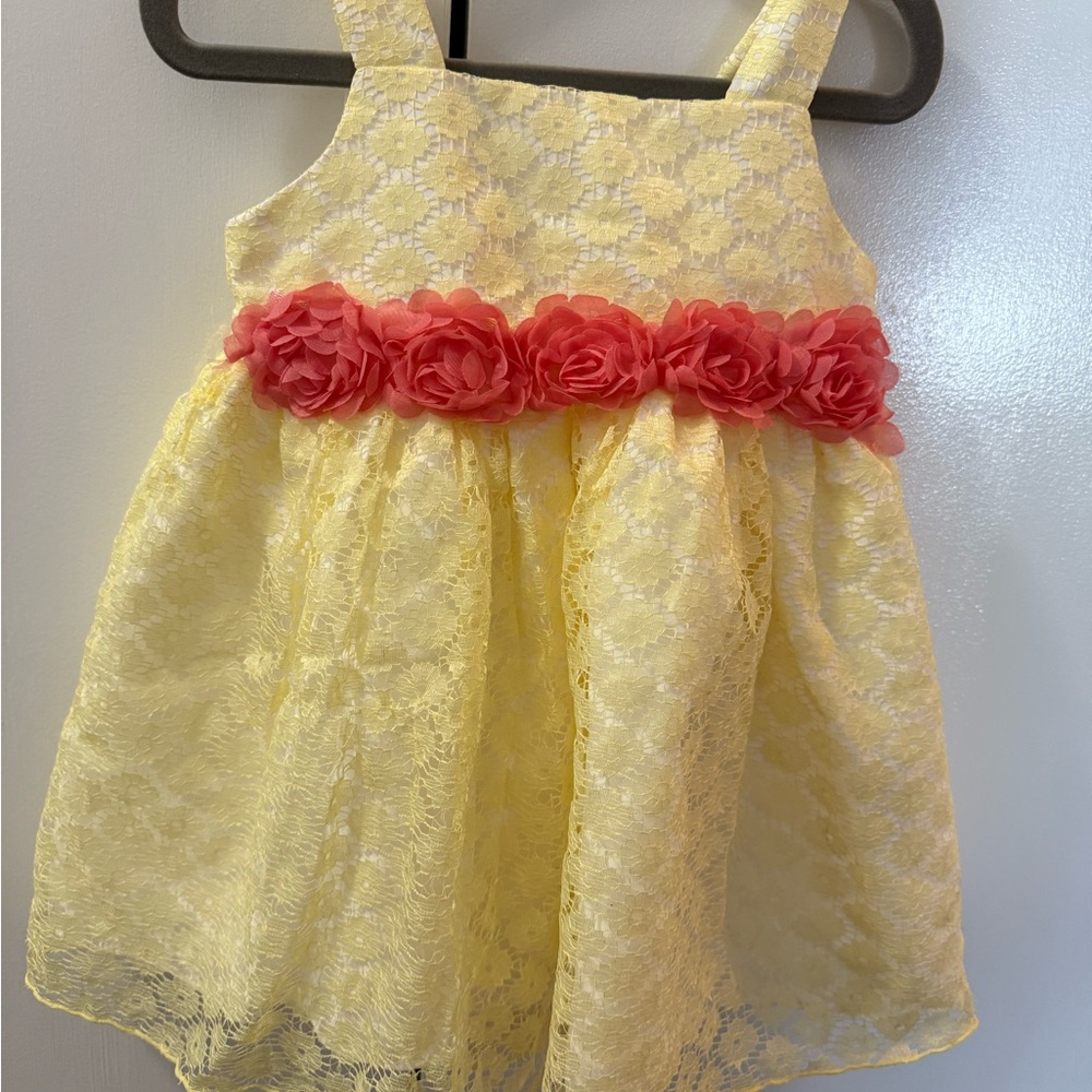 Yellow Lace Kids Dress with Pink Floral Accent